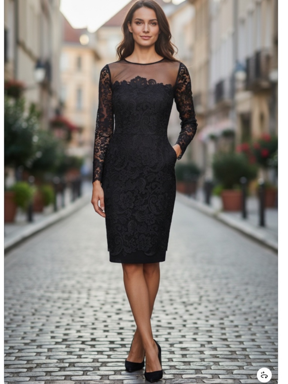 Patra • Black Illusion Lace Embroidered Sheath Evening Dress • Size 6